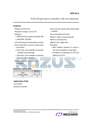 MSC64A datasheet - 8-bit I/O type micro-controller with voice function