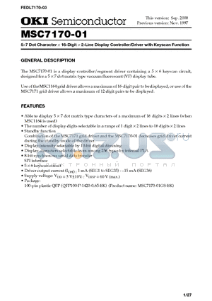 MSC7170-01 datasheet - 5x7 Dot Character x 16-Digit x 2-Line Display Controller/Driver with Keyscan Function