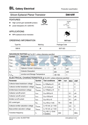 S9018W datasheet - Silicon Epitaxial Planar Transistor