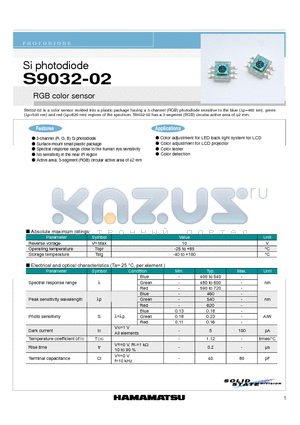 S9032-02 datasheet - Si photodiode RGB color sensor