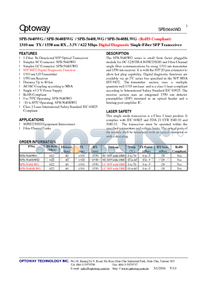 SPB-5640BLWG datasheet - 1310 nm TX / 1550 nm RX , 3.3V / 622 Mbps Digital Diagnostic Single-Fiber SFP Transceiver