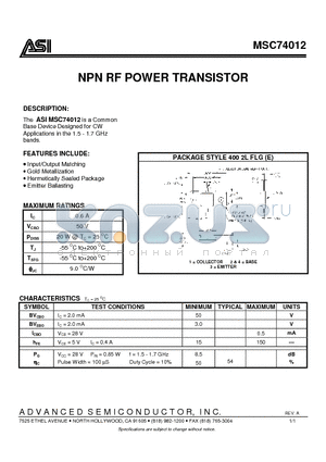 MSC74012 datasheet - NPN RF POWER TRANSISTOR