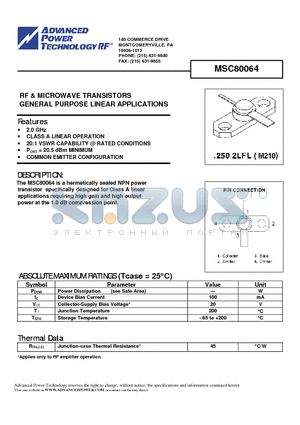 MSC80064 datasheet - RF & MICROWAVE TRANSISTORS GENERAL PURPOSE LINEAR APPLICATIONS