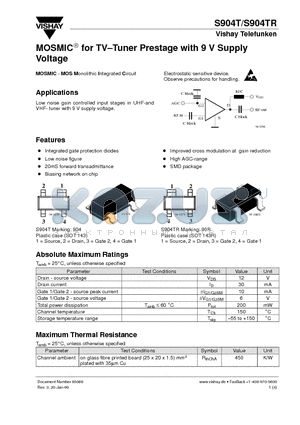 S904TR datasheet - MOSMIC for TV-Tuner Prestage with 9 V Supply Voltage