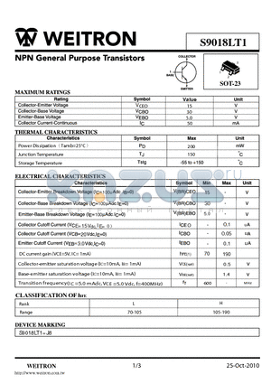 S9018LT1_10 datasheet - PNP General purpose Transistors