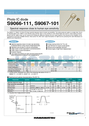 S9066-111 datasheet - Photo IC diode Spectral response close to human eye sensitivity
