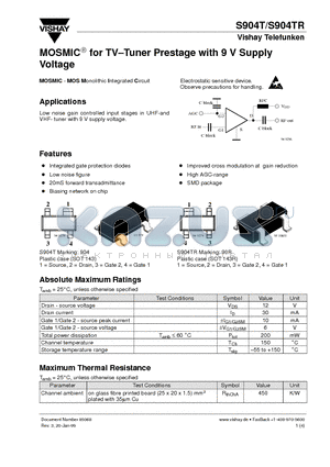 S904 datasheet - MOSMIC for TV-Tuner Prestage with 9 V Supply Voltage