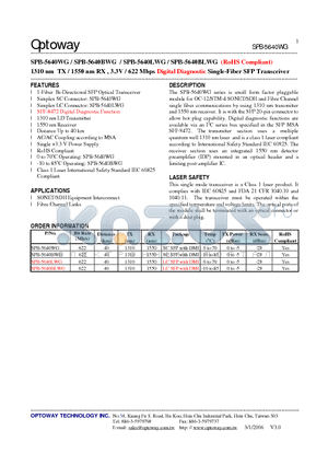 SPB-5640LWG datasheet - 1310 nm TX / 1550 nm RX , 3.3V / 622 Mbps Digital Diagnostic Single-Fiber SFP Transceiver