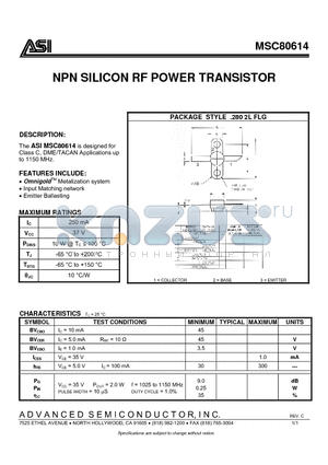MSC80614 datasheet - NPN SILICON RF POWER TRANSISTOR