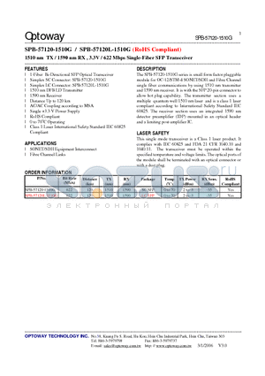 SPB-57120-1510G datasheet - 1510 nm TX / 1590 nm RX , 3.3V / 622 Mbps Single-Fiber SFP Transceiver