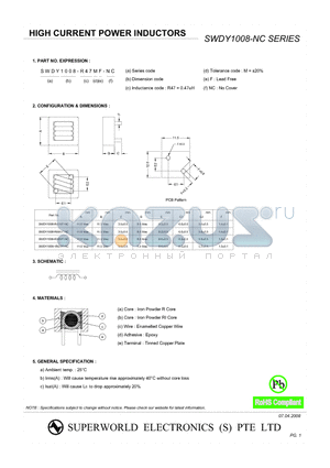 SWDY1008-R60MF-NC datasheet - HIGH CURRENT POWER INDUCTORS