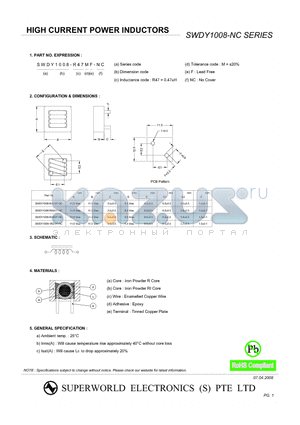 SWDY1008-R80MF-NC datasheet - HIGH CURRENT POWER INDUCTORS