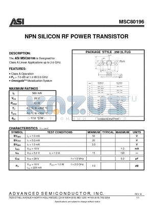 MSC80196 datasheet - NPN SILICON RF POWER TRANSISTOR