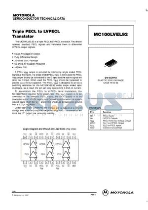 MC100LVEL92 datasheet - Triple PECL to LVPECL Translator