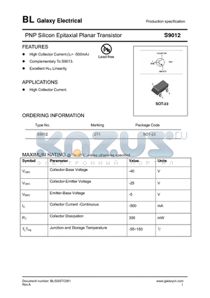 S9012 datasheet - PNP Silicon Epitaxial Planar Transistor