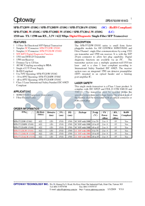 SPB-57120ALW-1510G datasheet - 1510 nm TX / 1590 nm RX , 3.3V / 622 Mbps Digital Diagnostic Single-Fiber SFP Transceiver