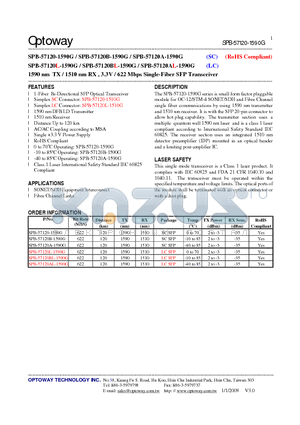 SPB-57120B-1590G datasheet - 1590 nm TX / 1510 nm RX , 3.3V / 622 Mbps Single-Fiber SFP Transceiver