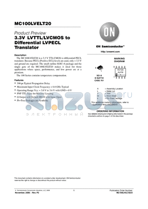 MC100LVELT20DG datasheet - 3.3VLVTTL/LVCMOS to Differential LVPECL Translator
