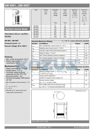 SM4003 datasheet - Standard silicon rectifier diodes