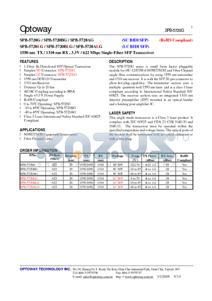 SPB-5720AG datasheet - 1550 nm TX / 1310 nm RX , 3.3V / 622 Mbps Single-Fiber SFP Transceiver