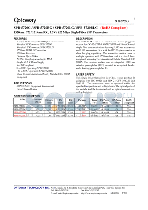 SPB-5720BG datasheet - 1550 nm TX / 1310 nm RX , 3.3V / 622 Mbps Single-Fiber SFP Transceiver