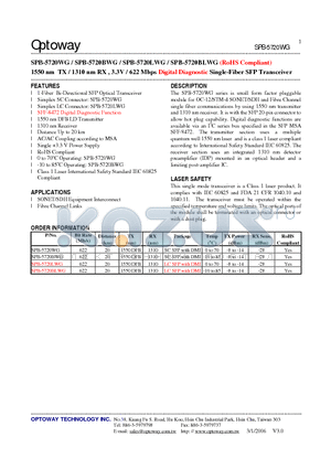 SPB-5720BLWG datasheet - 1550 nm TX / 1310 nm RX , 3.3V / 622 Mbps Digital Diagnostic Single-Fiber SFP Transceiver