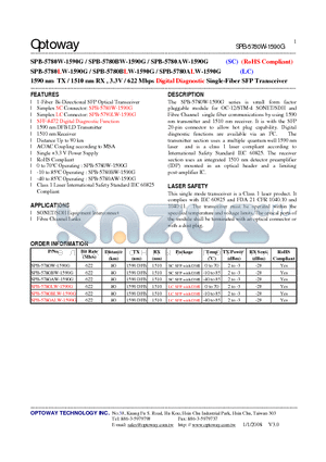 SPB-5780AW-1590G datasheet - 1590 nm TX / 1510 nm RX , 3.3V / 622 Mbps Digital Diagnostic Single-Fiber SFP Transceiver