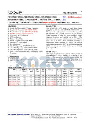 SPB-5780BLW-1510G datasheet - 1510 nm TX / 1590 nm RX , 3.3V / 622 Mbps Digital Diagnostic Single-Fiber SFP Transceiver
