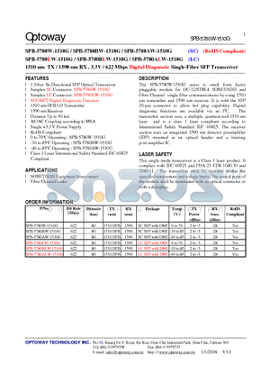 SPB-5780LW-1510G datasheet - 1510 nm TX / 1590 nm RX , 3.3V / 622 Mbps Digital Diagnostic Single-Fiber SFP Transceiver