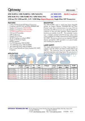 SPB-7610ALWG datasheet - 1310 nm TX / 1550 nm RX , 3.3V / 1250 Mbps Digital Diagnostic Single-Fiber SFP Transceiver