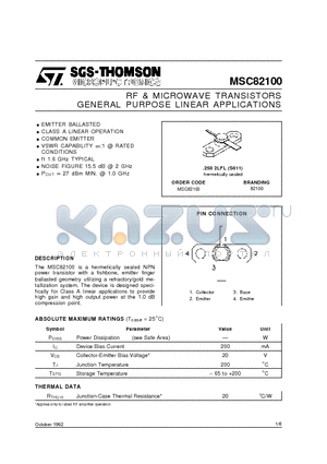 MSC82100 datasheet - RF & MICROWAVE TRANSISTORS GENERAL PURPOSE LINEAR APPLICATIONS