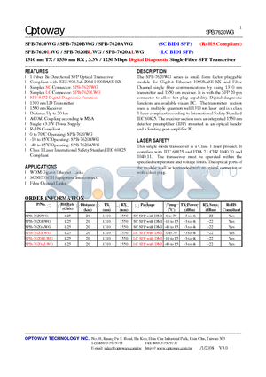 SPB-7620WG_08 datasheet - 1310 nm TX / 1550 nm RX , 3.3V / 1250 Mbps Digital Diagnostic Single-Fiber SFP Transceiver