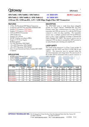 SPB-7640AG datasheet - 1310 nm TX / 1550 nm RX , 3.3V / 1250 Mbps Single-Fiber SFP Transceiver