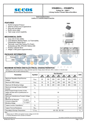 SM4007A datasheet - Voltage 50 ~ 1000 V 1.0Amp Surface Mount Silicon Rectifiers