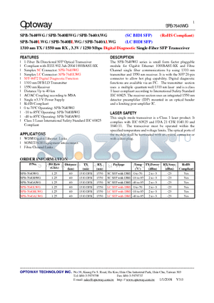 SPB-7640BWG datasheet - 1310 nm TX / 1550 nm RX , 3.3V / 1250 Mbps Digital Diagnostic Single-Fiber SFP Transceiver