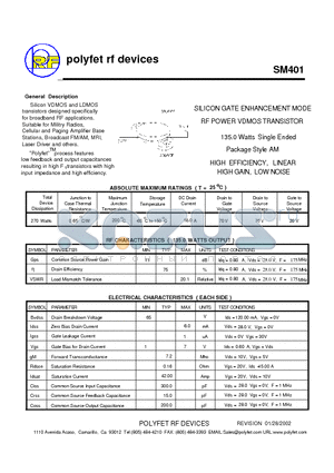 SM401 datasheet - SILICON GATE ENHANCEMENT MODE RF POWER VDMOS TRANSISTOR