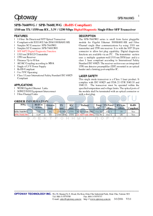 SPB-7660LWG datasheet - 1310 nm TX / 1550 nm RX , 3.3V / 1250 Mbps Digital Diagnostic Single-Fiber SFP Transceiver