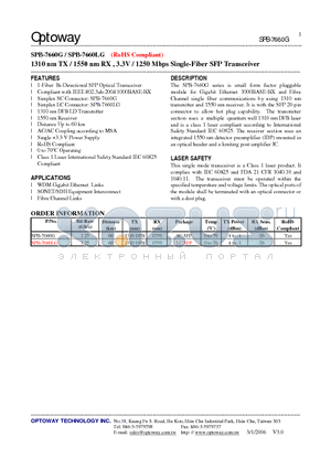 SPB-7660LG datasheet - 1310 nm TX / 1550 nm RX , 3.3V / 1250 Mbps Single-Fiber SFP Transceiver