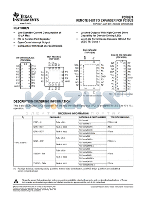 PCF8574PWE4 datasheet - REMOTE 8-BIT I/O EXPANDER FOR I2C BUS