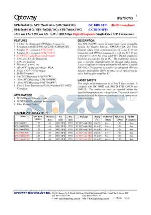 SPB-7660WG datasheet - 1310 nm TX / 1550 nm RX , 3.3V / 1250 Mbps Digital Diagnostic Single-Fiber SFP Transceiver