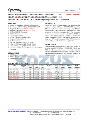 SPB-77120-1510G datasheet - 1510 nm TX / 1590 nm RX , 3.3V / 1250 Mbps Single-Fiber SFP Transceiver