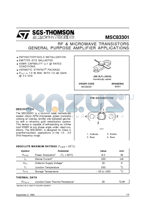 MSC83301 datasheet - RF & MICROWAVE TRANSISTORS GENERAL PURPOSE AMPLIFIER APPLICATIONS