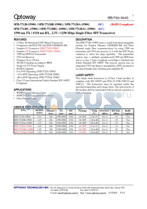 SPB-77120AL-1590G datasheet - 1590 nm TX / 1510 nm RX , 3.3V / 1250 Mbps Single-Fiber SFP Transceiver