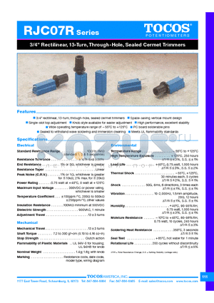 RJC07R datasheet - 3/4 Rectilinear, 13-Turn, Through-Hole, Sealed Cermet Trimmers
