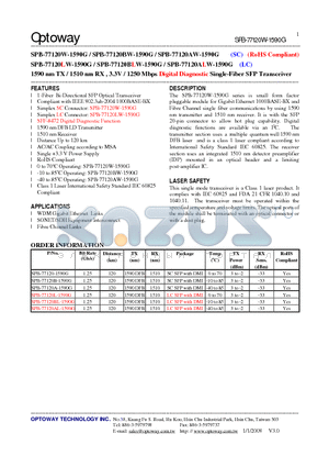 SPB-77120AL-1590G datasheet - 1590 nm TX / 1510 nm RX , 3.3V / 1250 Mbps Digital Diagnostic Single-Fiber SFP Transceiver