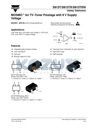 S913TRW datasheet - MOSMIC for TV-Tuner Prestage with 9 V Supply Voltage