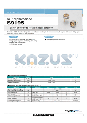 S9195 datasheet - Si PIN photodiode for violet-laser detection