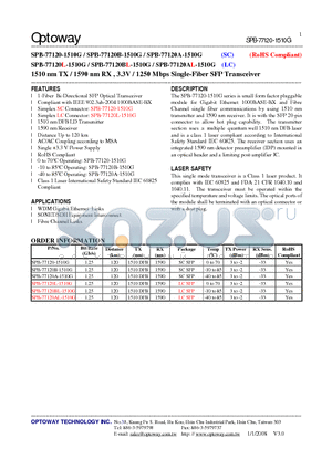 SPB-77120L-1510G datasheet - 1510 nm TX / 1590 nm RX , 3.3V / 1250 Mbps Single-Fiber SFP Transceiver