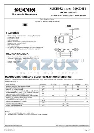 MSCD052 datasheet - 0.5 AMP Surface Mount Schottky Barrier Rectifiers