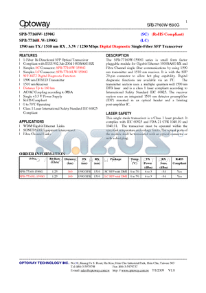 SPB-77160L-1590G datasheet - 1590 nm TX / 1510 nm RX , 3.3V / 1250 Mbps Digital Diagnostic Single-Fiber SFP Transceiver